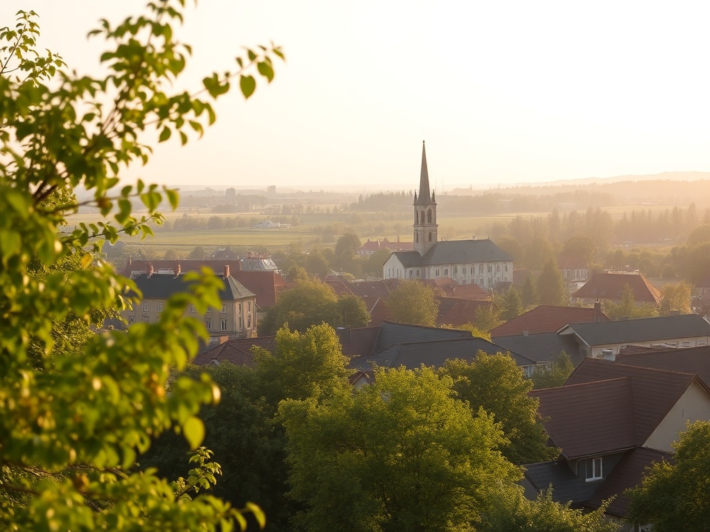 Kwitnące drzewa wiśni i czereśni w parku miejskim w Lublińcu, z delikatnymi białymi i różowymi kwiatami na gałęziach.